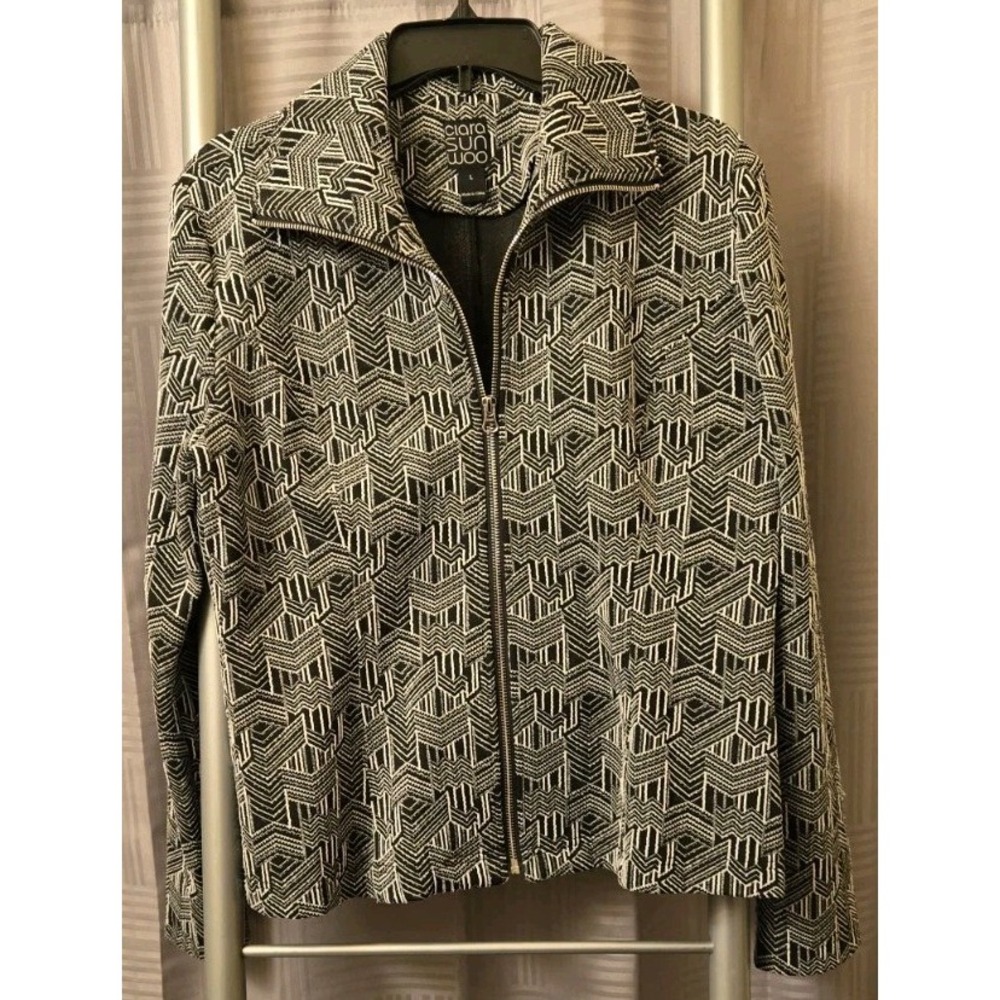Clara Sun Woo Women's Large‎ Black White Zip Up Blazer Jacket Geometric Stylish